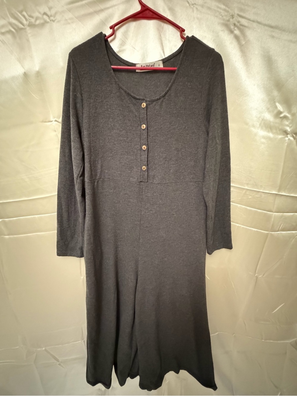 Three Bird Nest Jumpsuit Women L Charcoal Gray Wide Leg Long Sleeve Henley Boho
